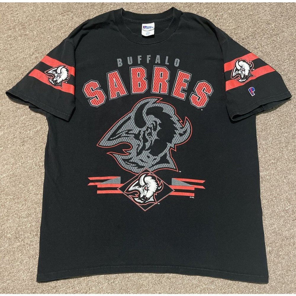 Vintage 90s XL Buffalo Sabres GOAT Head NHL Hockey AOP Graphic Print T-Shirt